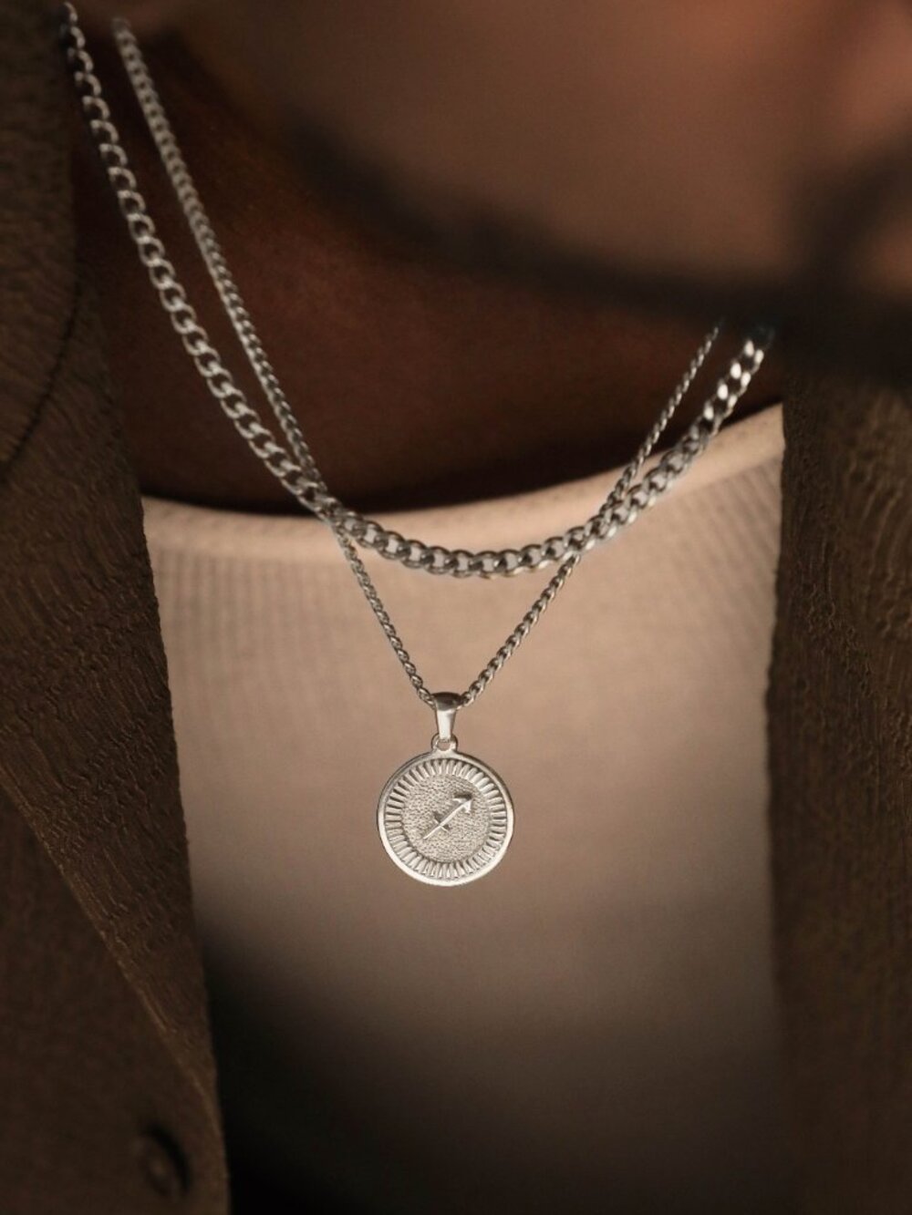 Men's Silver Sagittarius Pendant Necklace Set